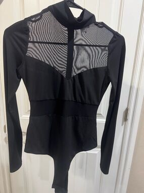 MARBLE Black Long-Sleeve Mock Neck Mesh-Yoke Bodysuit